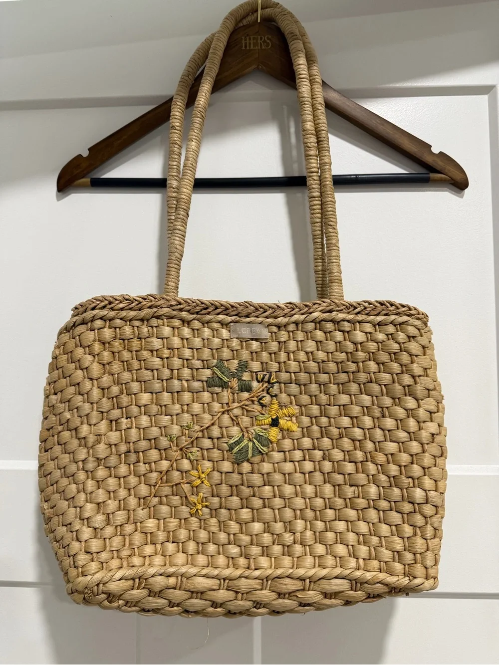 J. Crew Natural Straw Shoulder Bag with Yellow Floral Embroidery